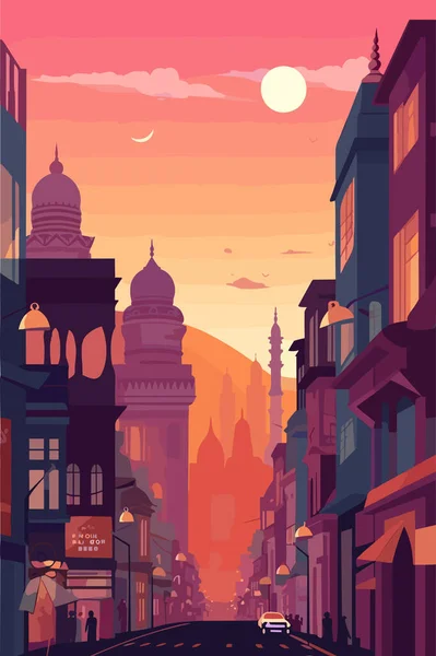 Indische Stadtlandschaft Abend Vektorflache Illustration — Stockvektor