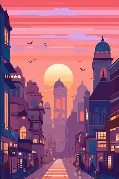 Indien Stad Stadslandskap Kvällen Vektor Platt Illustration — Stock vektor