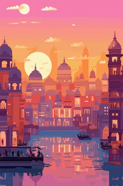 Городской Пейзаж Индии Вечером Векторная Плоская Иллюстрация — стоковый вектор