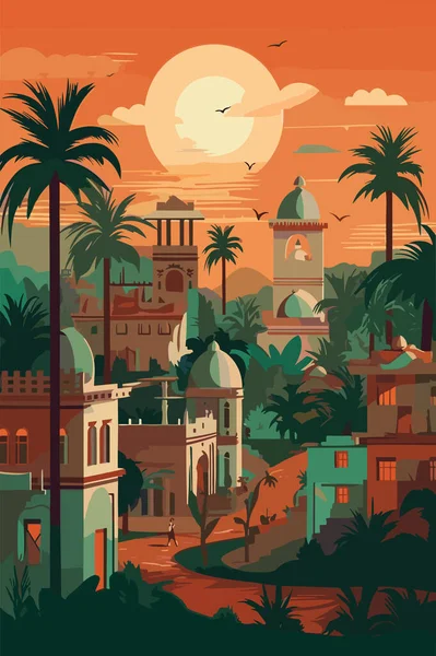 Индия Деревня Пейзаж Вечернее Время Векторная Плоская Иллюстрация — стоковый вектор