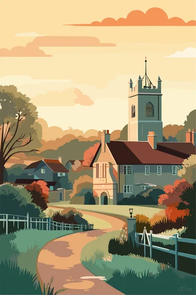 England Small Village Landscape Evening Vector Flat Illustration — Stock Vector