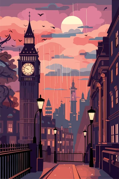 Αγγλία Λονδίνο Τοπίο Της Πόλης Βράδυ Διανυσματική Επίπεδη Απεικόνιση — Διανυσματικό Αρχείο