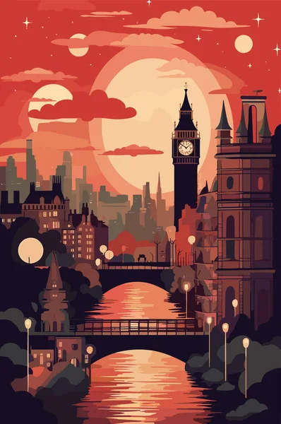 英国伦敦的城市景观在晚上 矢量平面插图 — 图库矢量图片