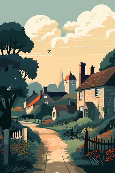 英国小村庄的景观在晚上 矢量平面插图 — 图库矢量图片