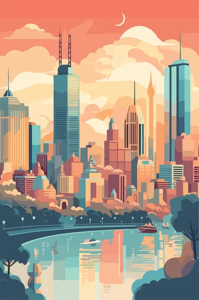 Australie Grande Ville Paysage Urbain Dans Soirée Illustration Vectorielle Plate — Image vectorielle