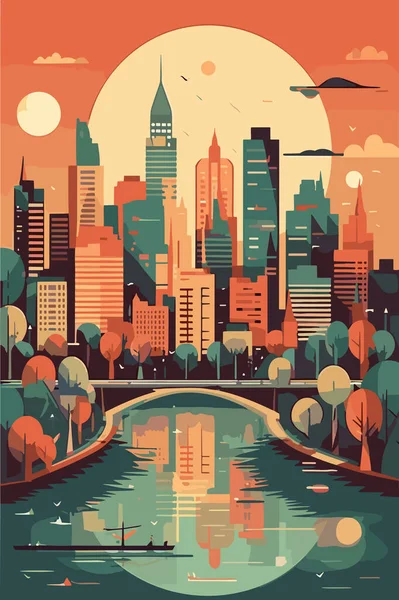 澳大利亚大城市的城市景观在晚上 矢量平面插图 — 图库矢量图片