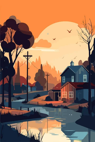 欧洲或美洲或澳大利亚的小村庄景观在晚上 矢量平面插图 — 图库矢量图片