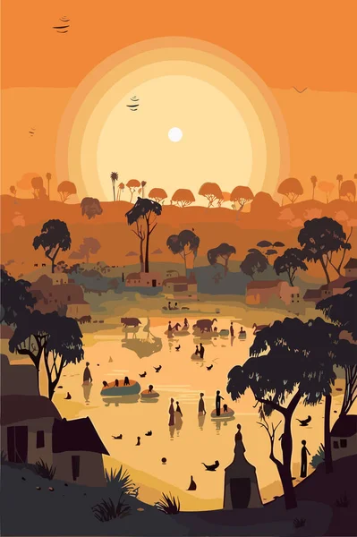 Иллюстрация Африки Небольшой Племенной Деревни Фиктивный Пейзаж Вечернее Время Векторная — стоковый вектор