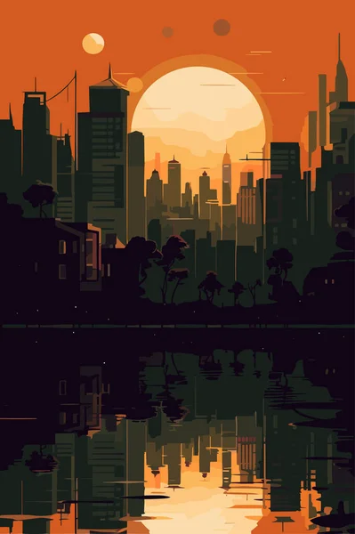 夕方のアフリカの都市の架空の風景のイラスト ベクトル平図 — ストックベクタ
