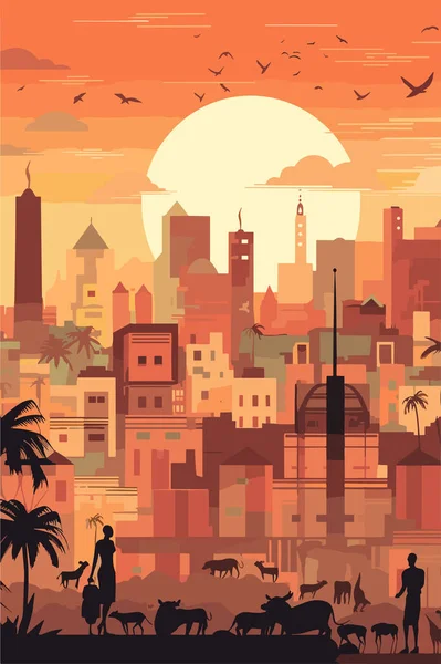 Εικονογράφηση Της Αφρικής Πόλη Αστικό Φανταστικό Τοπίο Βράδυ Διανυσματική Επίπεδη — Διανυσματικό Αρχείο