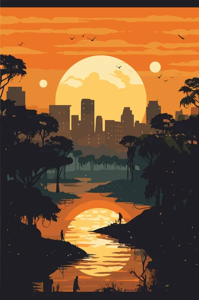 图片说明非洲城市夜晚虚构的风景 矢量平面插图 — 图库矢量图片