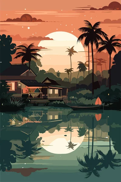 Ilustração Indonésia Bali Pequena Paisagem Aldeia Noite Ilustração Plana Vetorial — Vetor de Stock