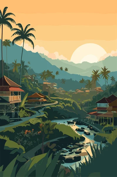 Εικονογράφηση Της Ινδονησίας Μπαλί Τοπίο Μικρό Χωριό Βράδυ Διανυσματική Επίπεδη — Διανυσματικό Αρχείο