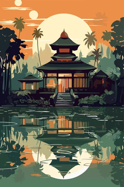 Illustration Petit Village Indonésien Bali Dans Soirée Illustration Vectorielle Plate — Image vectorielle