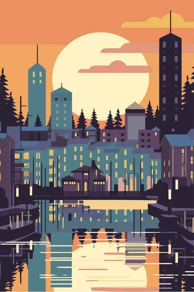 Εικονογράφηση Του Τοπίου Της Πόλης Της Φινλανδίας Βράδυ Διανυσματική Επίπεδη — Διανυσματικό Αρχείο