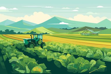 Agriculture, tractors and harvester working in the field, harvesting, sunny day, vector flat illustration. clipart