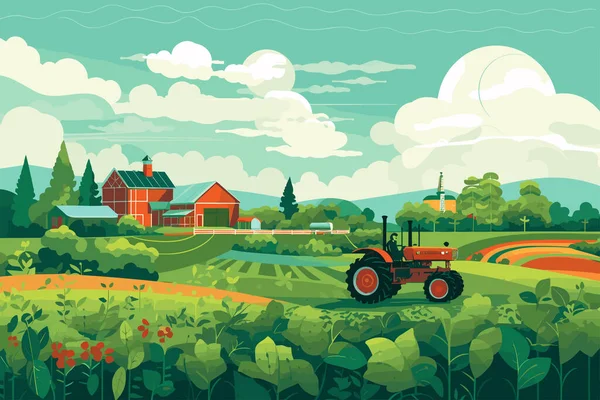 Agricultura Tratores Colheitadeira Trabalhando Campo Colheita Dia Ensolarado Ilustração Plana — Vetor de Stock