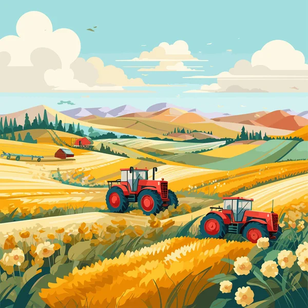 Agriculture Tractors Harvester Working Field Harvesting Sunny Day Vector Flat — Stock Vector
