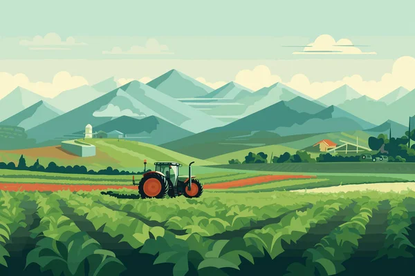 Agricultura Tractores Cosechadoras Trabajando Campo Cosecha Día Soleado Ilustración Plana — Vector de stock