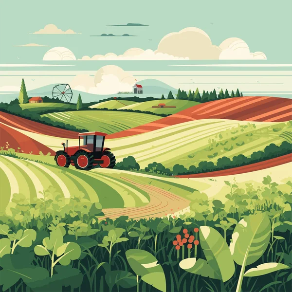 Agricoltura Trattori Mietitrebbie Che Lavorano Campo Raccolta Giornata Sole Illustrazione — Vettoriale Stock