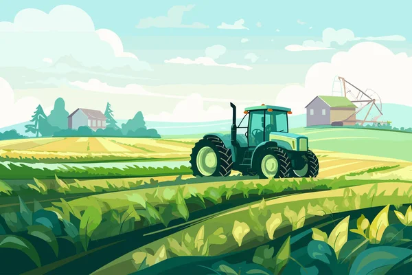 Agriculture Tractors Harvester Working Field Harvesting Sunny Day Vector Flat — Stock Vector