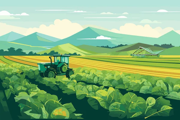 Pertanian Traktor Dan Pemanen Yang Bekerja Lapangan Panen Hari Yang - Stok Vektor