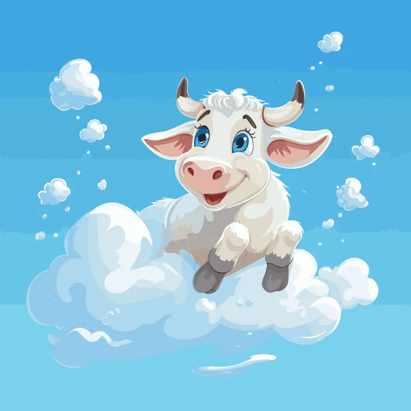 Мультфильм Счастливая Корова Летит Через Ясное Голубое Небо Среди Облаков — стоковый вектор