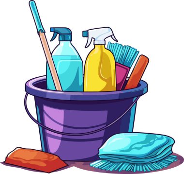 ?leaning equipment, a bucket of water, a mop, detergents, isolated on a white background, vector illustration in bright colors. clipart