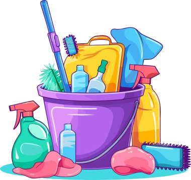 ?leaning equipment, a bucket of water, a mop, detergents, isolated on a white background, vector illustration in bright colors. clipart