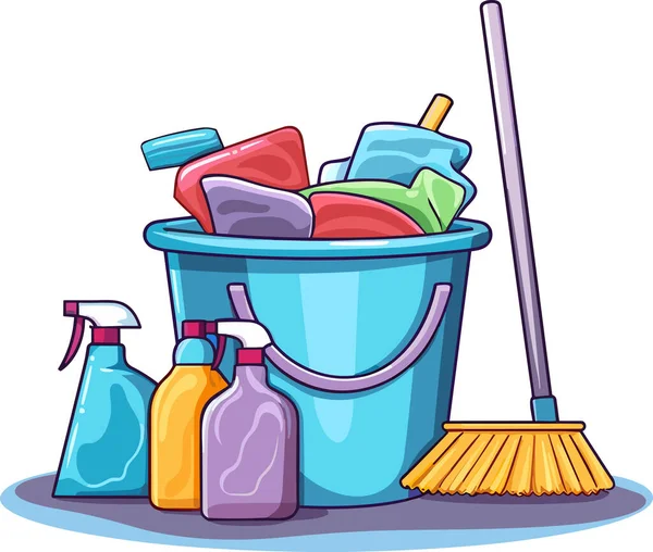 Leaning Equipment Bucket Water Mop Detergents Isolated White Background Vector — Stock Vector