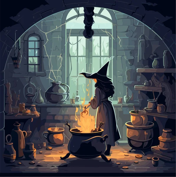 邪恶的巫婆正在她阴暗阴险的房间里的一个大锅里煮着她的药水 四周都是巫术的环境 矢量说明 — 图库矢量图片