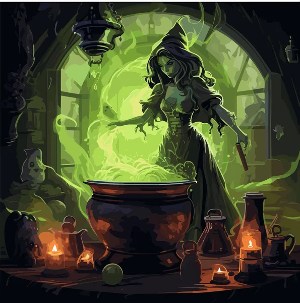 Злая Ведьма Варит Зелье Котле Своей Мрачной Зловещей Комнате Окруженной — стоковый вектор