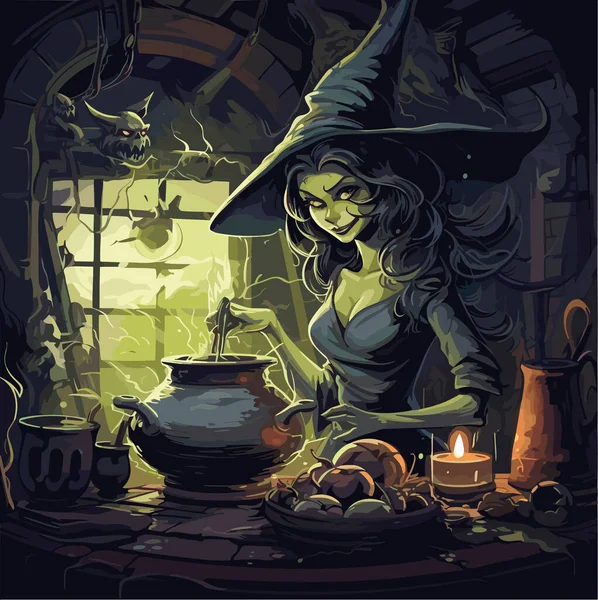 Wicked Witch Brewing Her Potion Cauldron Her Gloomy Sinister Room — Stock Vector