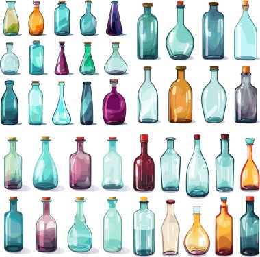 Beyaz arkaplanda izole edilmiş çeşitli şekil ve renklerden oluşan cam şişeler, vektör illüstrasyonu.