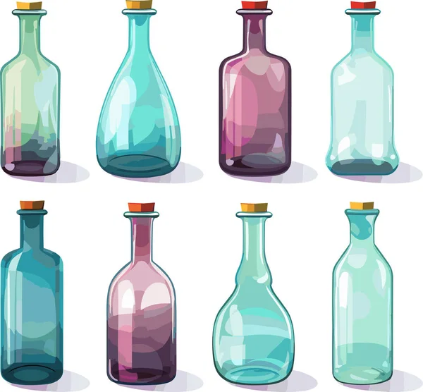 Set Von Glasflaschen Verschiedenen Formen Und Farben Isoliert Auf Weißem — Stockvektor