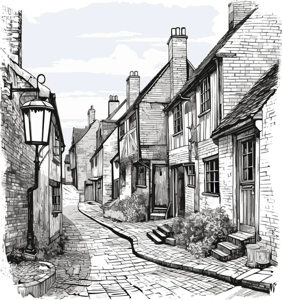 Old English European Town Engraving Black White Vector Illustration — Stock Vector