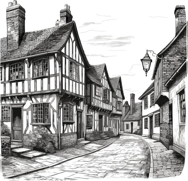 Old English European Town Engraving Black White Vector Illustration — Stock Vector