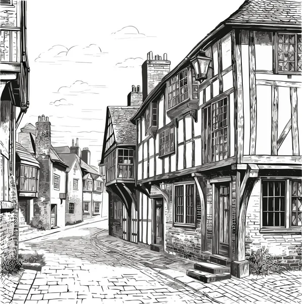 Stare Angielskie Lub Europejskie Miasto Grawerowanie Czarno Białe Wektor Ilustracja — Wektor stockowy