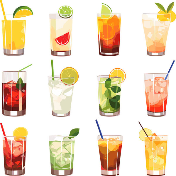 Set of summer cocktails cartoon vector illustration isolated on white background. Vector cartoon set icon fresh drink.