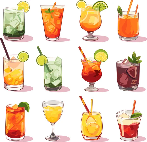Set Summer Cocktails Cartoon Vector Illustration Isolated White Background Vector — Stock Vector