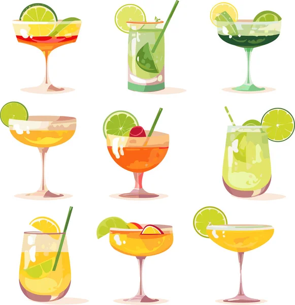 Uppsättning Sommar Cocktails Tecknad Vektor Illustration Isolerad Vit Bakgrund Vektor — Stock vektor