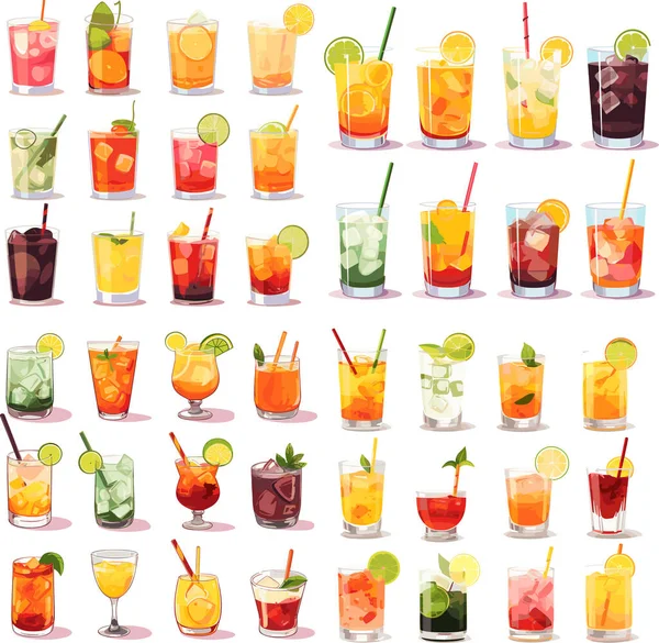 Ensemble Cocktails Été Illustration Vectorielle Dessin Animé Isolé Sur Fond — Image vectorielle