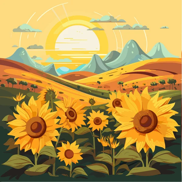 Güzel Tepelerdeki Ayçiçeği Tarlası Güneşli Yaz Günü Manzarası Vektör Illüstrasyonu — Stok Vektör