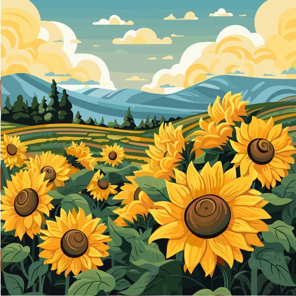 美丽的山丘上的向日葵场 阳光明媚的夏日风景 向量图 — 图库矢量图片