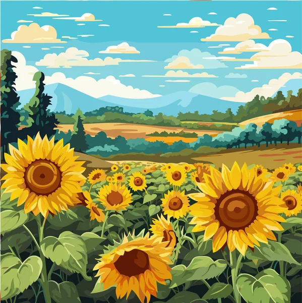 Соняшникове Поле Красивих Пагорбах Сонячний Літній День Пейзаж Векторні Ілюстрації — стоковий вектор