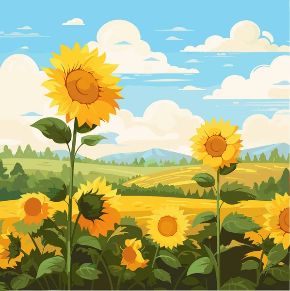 Sonnenblumenfeld Auf Schönen Hügeln Sonnige Sommertagslandschaft Vektorillustration — Stockvektor