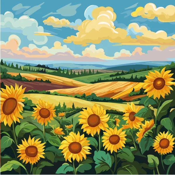 Sonnenblumenfeld Auf Schönen Hügeln Sonnige Sommertagslandschaft Vektorillustration — Stockvektor