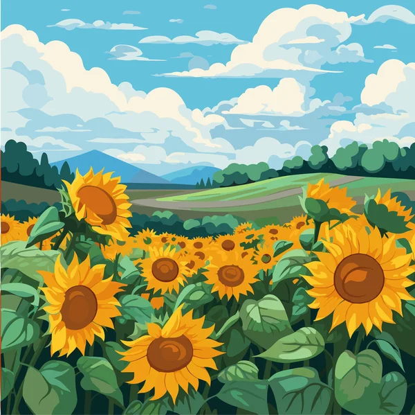 Slunečnicové Pole Krásných Kopcích Slunečný Letní Den Krajina Vektorové Ilustrace — Stockový vektor