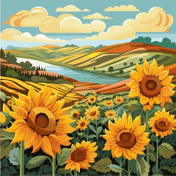 Подсолнух Прекрасных Холмах Солнечный Летний Пейзаж Векторная Иллюстрация — стоковый вектор