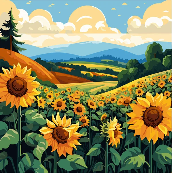 Подсолнух Прекрасных Холмах Солнечный Летний Пейзаж Векторная Иллюстрация — стоковый вектор